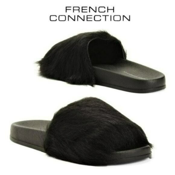 NWT FRENCH CONNECTION Cozy Faux Fur Cozy Slippers Slip On Sandals Slides - Picture 1 of 7